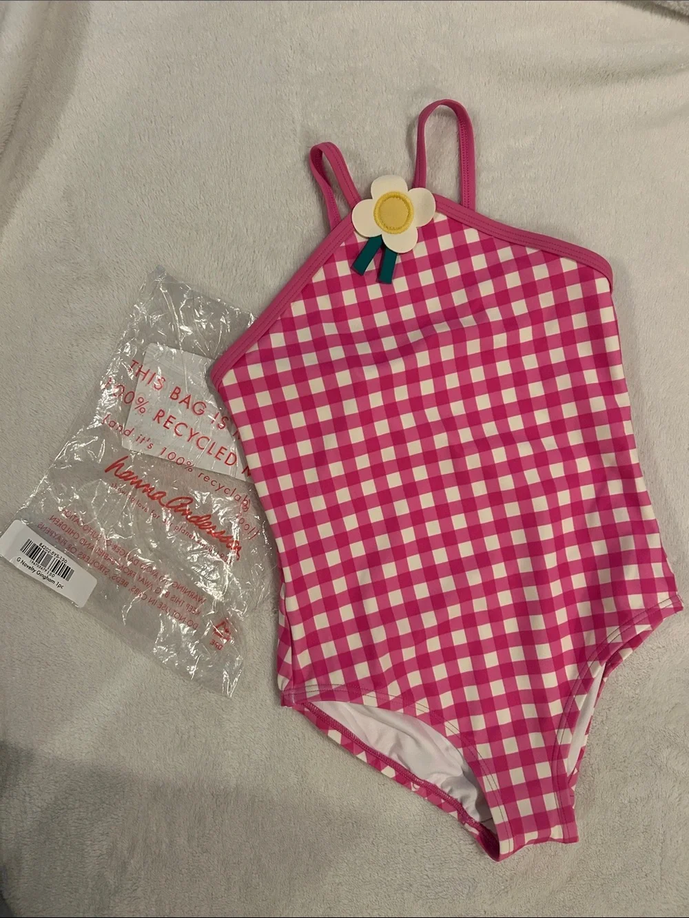 Hanna Andersson Pink Gingham One-Piece Swimsuit with Daisy Accent